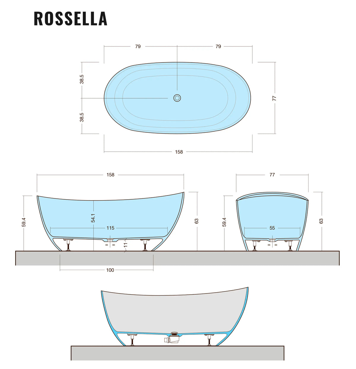Rossella - Fritstående badekar - 158 × 77 cm