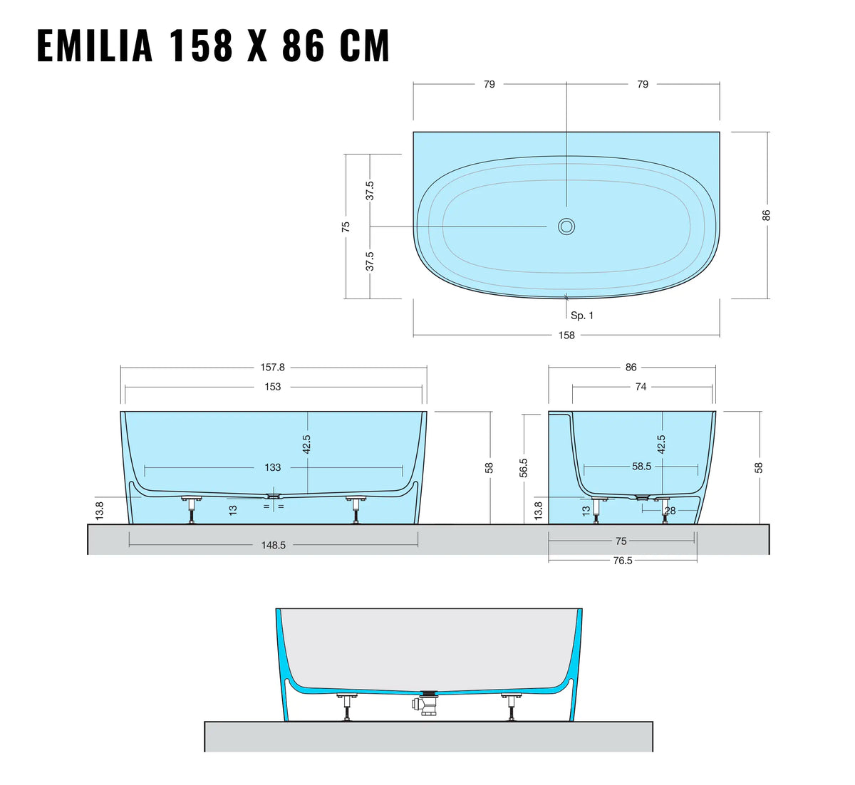 Emilia - On wall badekar - 158×86